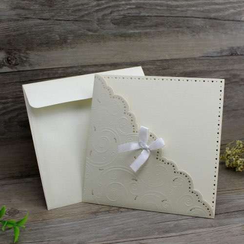 Embossing Invitation Card with  Envelope Cheap Marriage Card with Small Ribbon Bow